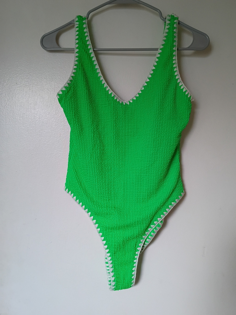 bebe Bright Green One-Piece Swimsuit with White Zigzag Trim